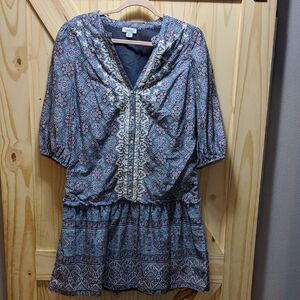 Sundance Drop-waist Cotton Mandala 3/4 Sleeve Button Placket Embroidery, Size XS